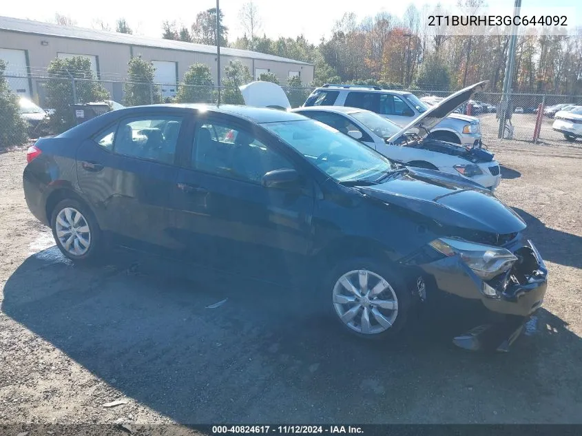 2016 Toyota Corolla Le VIN: 2T1BURHE3GC644092 Lot: 40824617