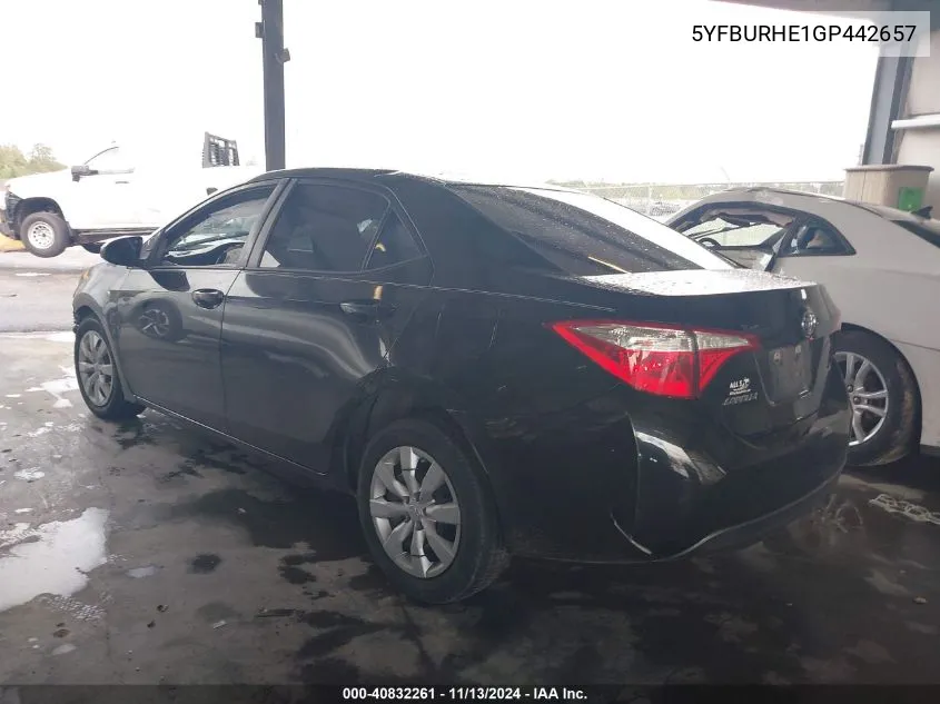 2016 Toyota Corolla Le VIN: 5YFBURHE1GP442657 Lot: 40832261