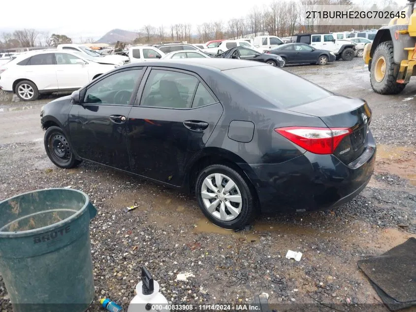 2016 Toyota Corolla Le VIN: 2T1BURHE2GC702645 Lot: 40833908