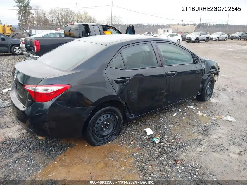 2016 Toyota Corolla Le VIN: 2T1BURHE2GC702645 Lot: 40833908