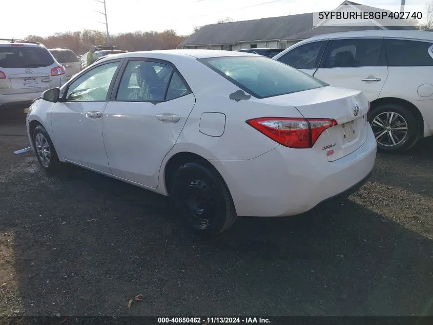 2016 Toyota Corolla L VIN: 5YFBURHE8GP402740 Lot: 40850462