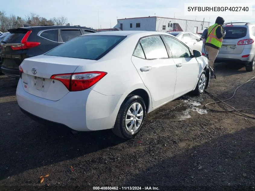 2016 Toyota Corolla L VIN: 5YFBURHE8GP402740 Lot: 40850462