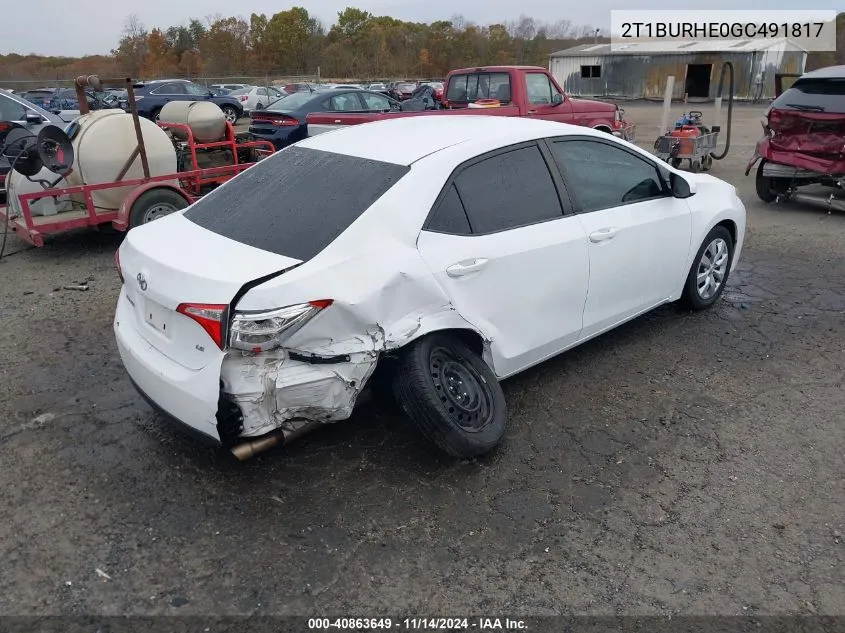 2016 Toyota Corolla Le VIN: 2T1BURHE0GC491817 Lot: 40863649