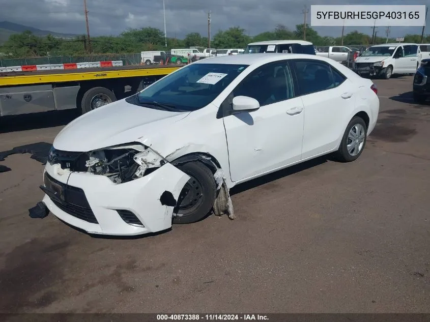 5YFBURHE5GP403165 2016 Toyota Corolla Le