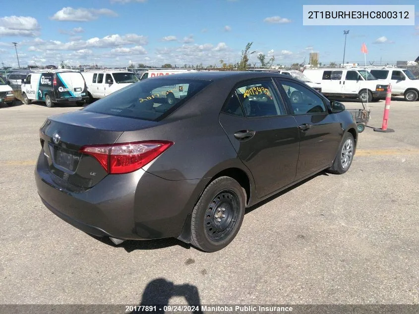 2017 Toyota Corolla Le VIN: 2T1BURHE3HC800312 Lot: 20177891