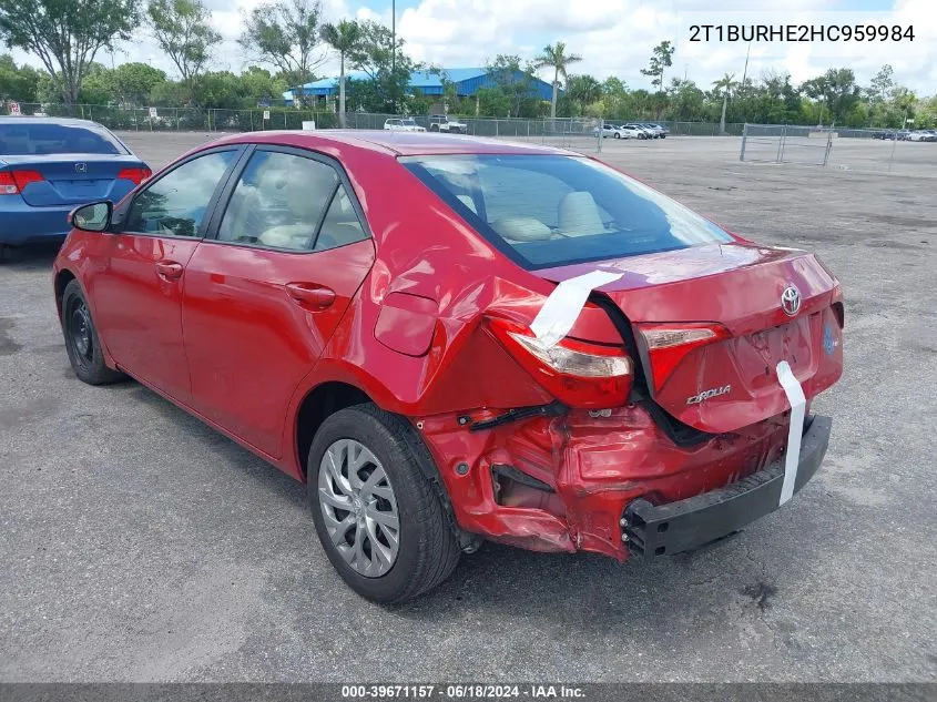 2017 Toyota Corolla Le VIN: 2T1BURHE2HC959984 Lot: 39671157