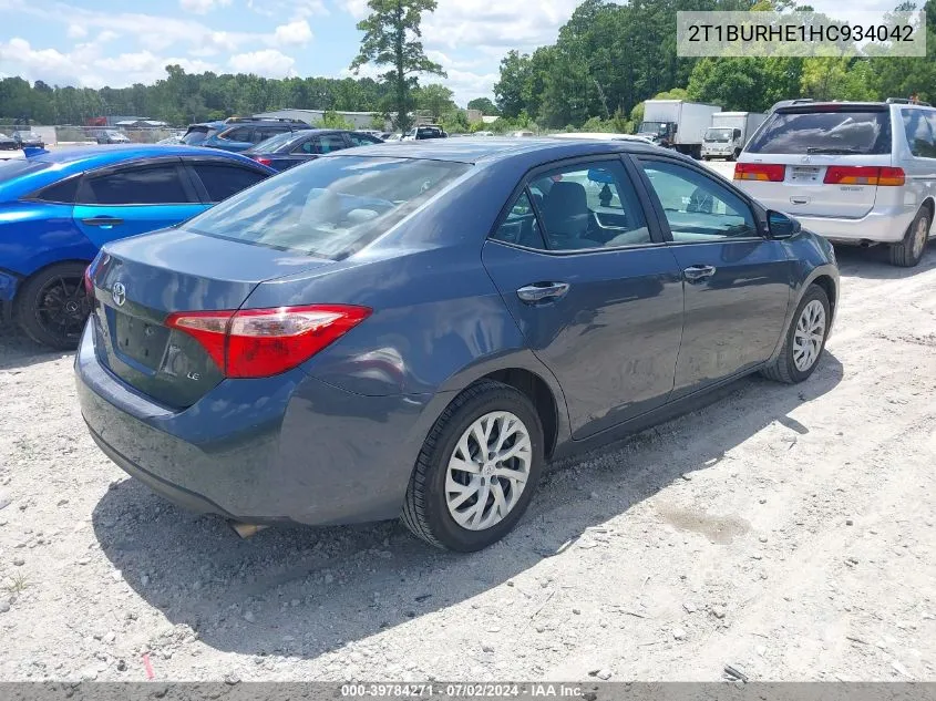 2017 Toyota Corolla Le VIN: 2T1BURHE1HC934042 Lot: 39784271