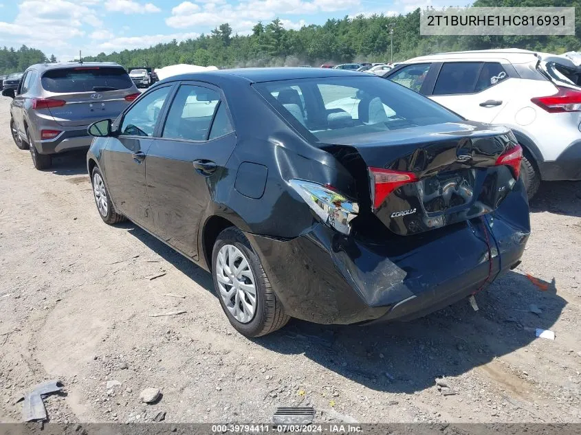 2017 Toyota Corolla Le VIN: 2T1BURHE1HC816931 Lot: 39794411