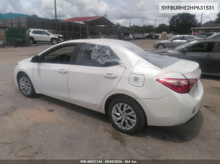 2017 Toyota Corolla Le VIN: 5YFBURHE2HP631531 Lot: 40021144