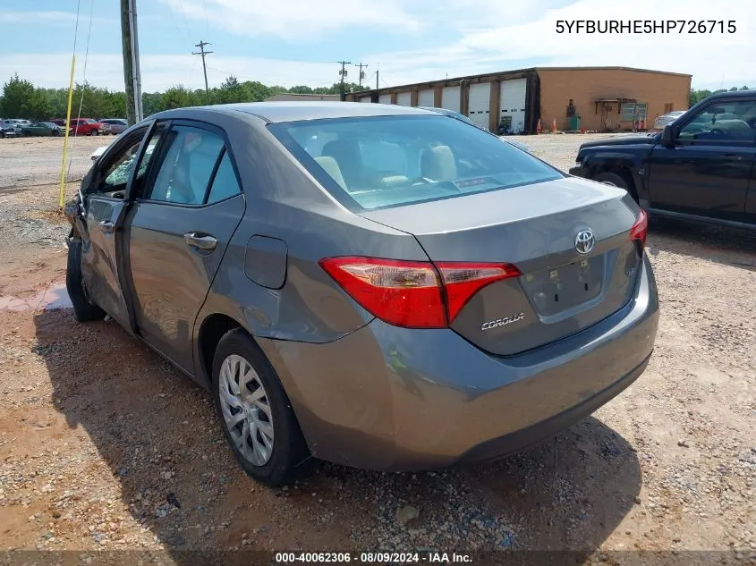 2017 Toyota Corolla Le VIN: 5YFBURHE5HP726715 Lot: 40412302