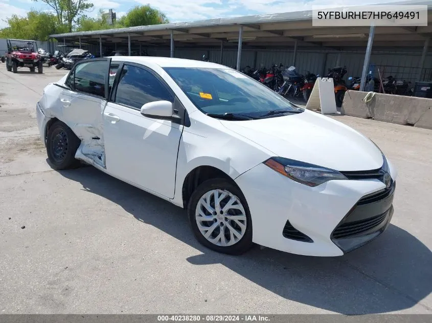 2017 Toyota Corolla Le VIN: 5YFBURHE7HP649491 Lot: 40238280