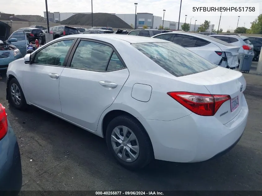 2017 Toyota Corolla L VIN: 5YFBURHE9HP651758 Lot: 40255877