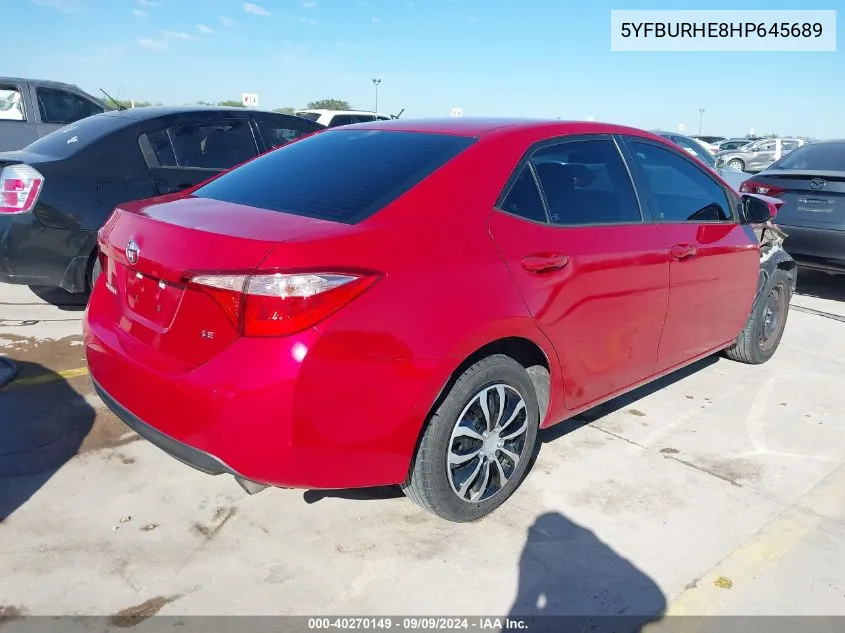 2017 Toyota Corolla Le VIN: 5YFBURHE8HP645689 Lot: 40270149