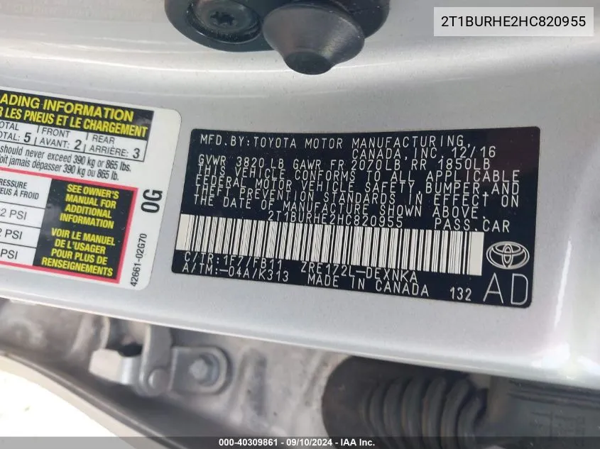 2T1BURHE2HC820955 2017 Toyota Corolla L/Le/Xle/Se/Xse