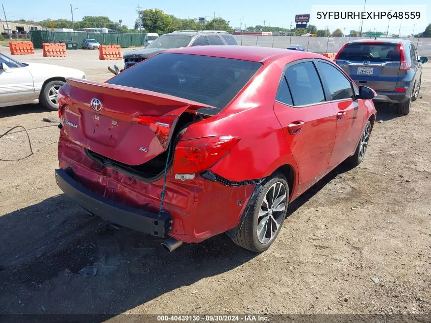 2017 Toyota Corolla Se VIN: 5YFBURHEXHP648559 Lot: 40439130