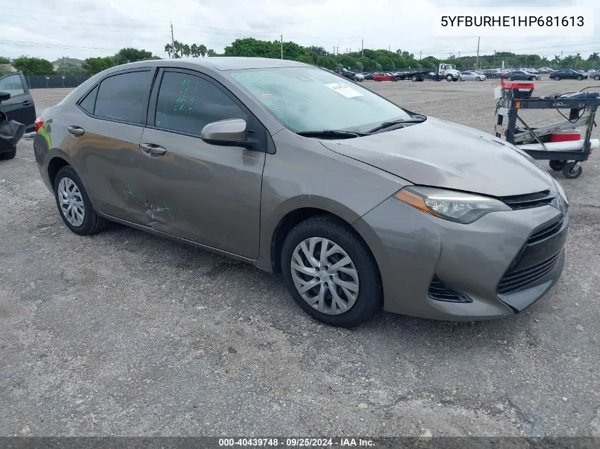 2017 Toyota Corolla Le VIN: 5YFBURHE1HP681613 Lot: 40439748