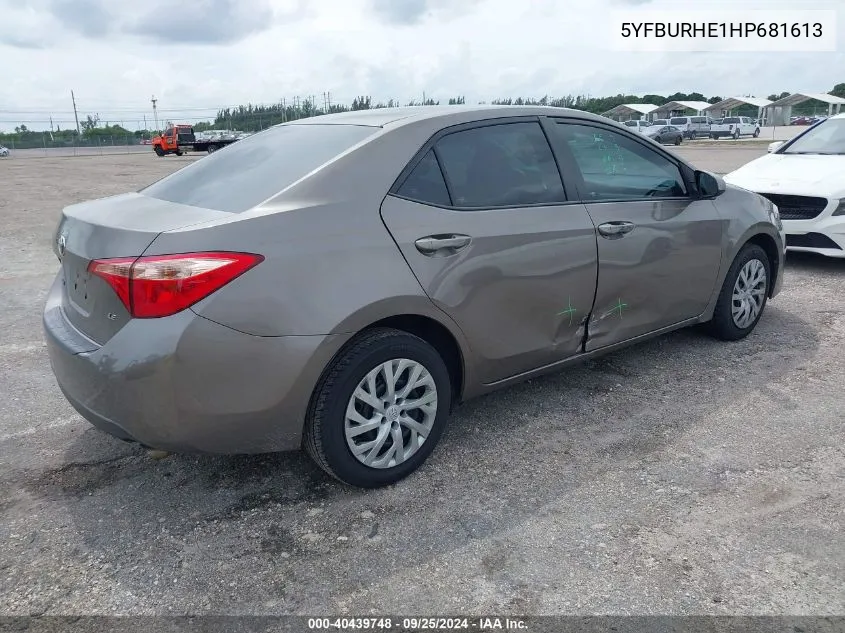 2017 Toyota Corolla Le VIN: 5YFBURHE1HP681613 Lot: 40439748