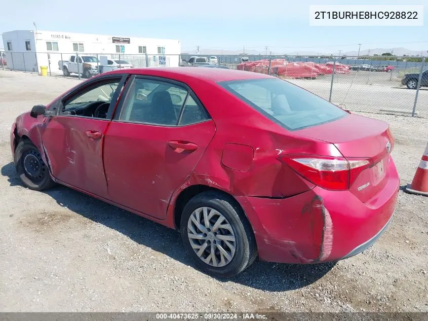 2017 Toyota Corolla Le VIN: 2T1BURHE8HC928822 Lot: 40473625