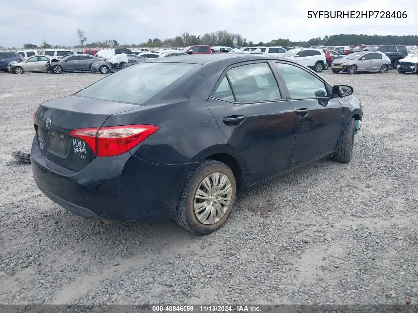 2017 Toyota Corolla Le VIN: 5YFBURHE2HP728406 Lot: 40846059