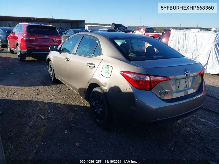 2017 Toyota Corolla Le VIN: 5YFBURHEXHP668360 Lot: 40861257