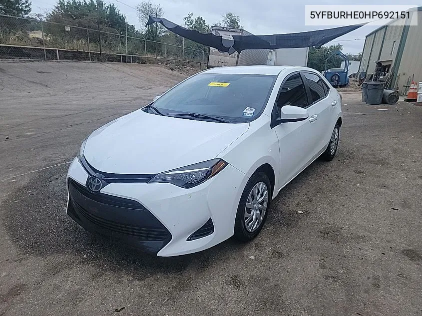 5YFBURHE0HP692151 2017 Toyota Corolla Le