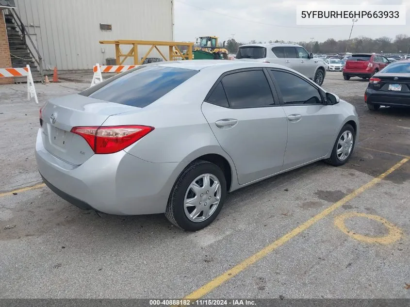 2017 Toyota Corolla Le VIN: 5YFBURHE6HP663933 Lot: 40888182