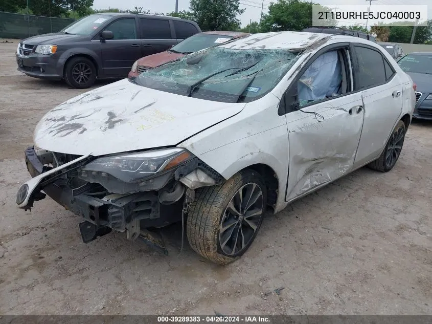 2018 Toyota Corolla Se VIN: 2T1BURHE5JC040003 Lot: 39289383