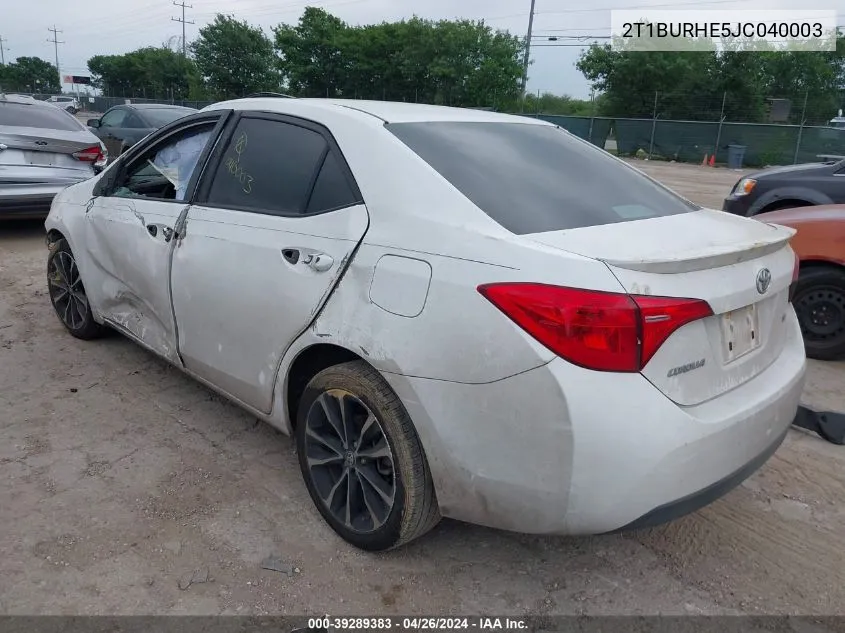 2018 Toyota Corolla Se VIN: 2T1BURHE5JC040003 Lot: 39289383