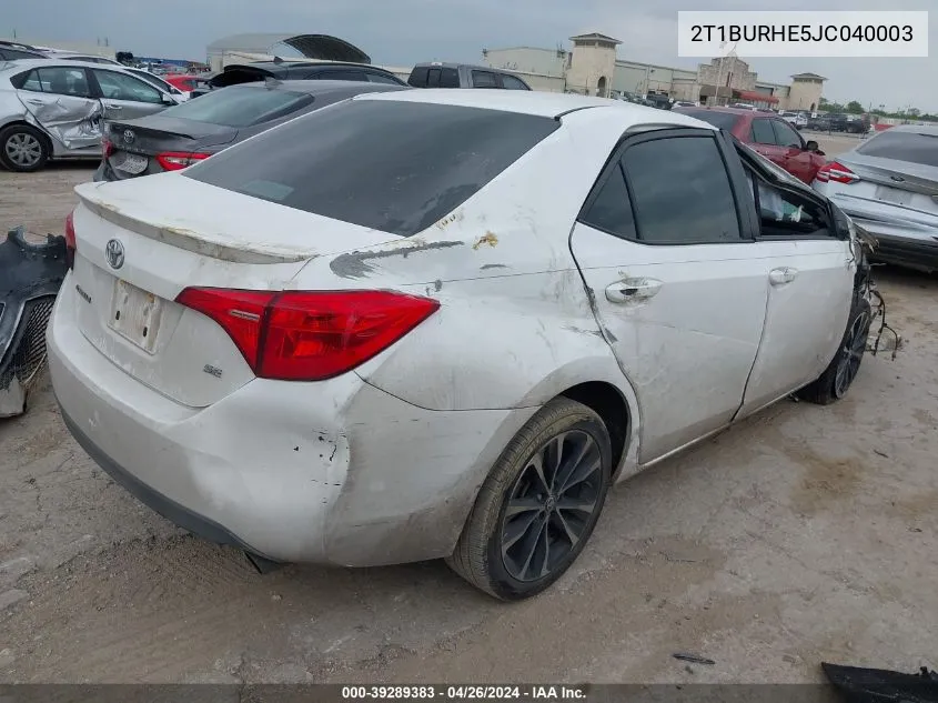 2018 Toyota Corolla Se VIN: 2T1BURHE5JC040003 Lot: 39289383