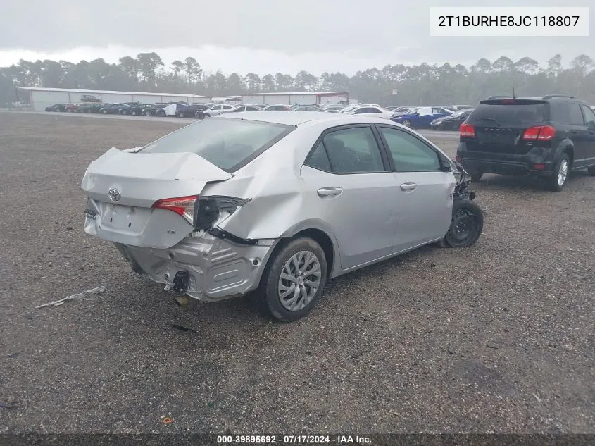 2018 Toyota Corolla Le VIN: 2T1BURHE8JC118807 Lot: 40738731