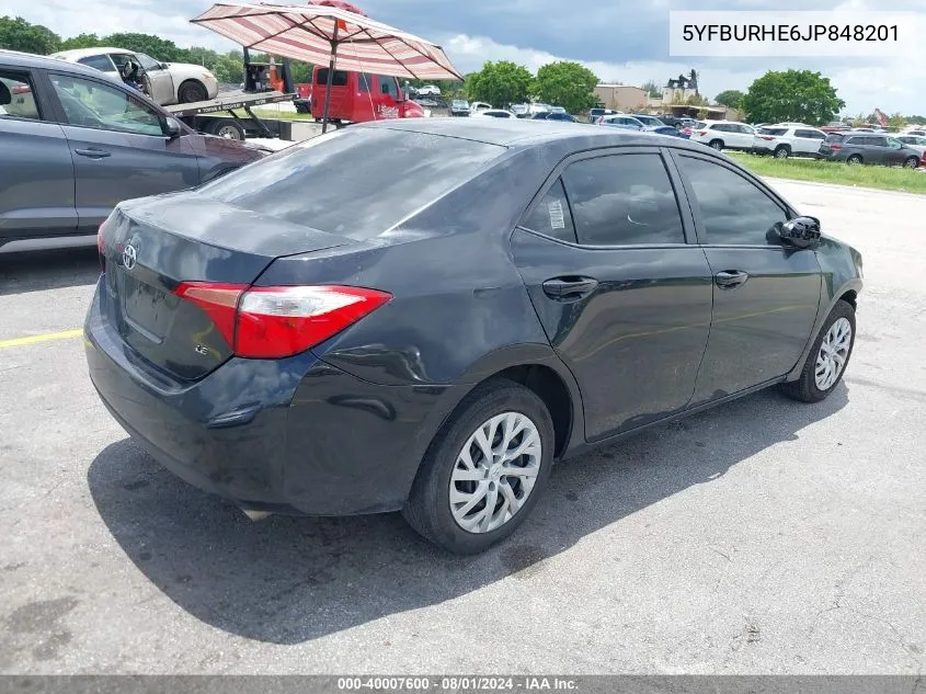 2018 Toyota Corolla Le VIN: 5YFBURHE6JP848201 Lot: 40007600