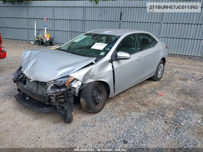 2018 Toyota Corolla Le VIN: 2T1BURHE7JC011392 Lot: 40307043