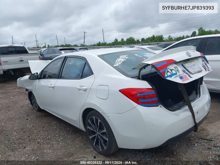 2018 Toyota Corolla Se VIN: 5YFBURHE7JP839393 Lot: 40325322