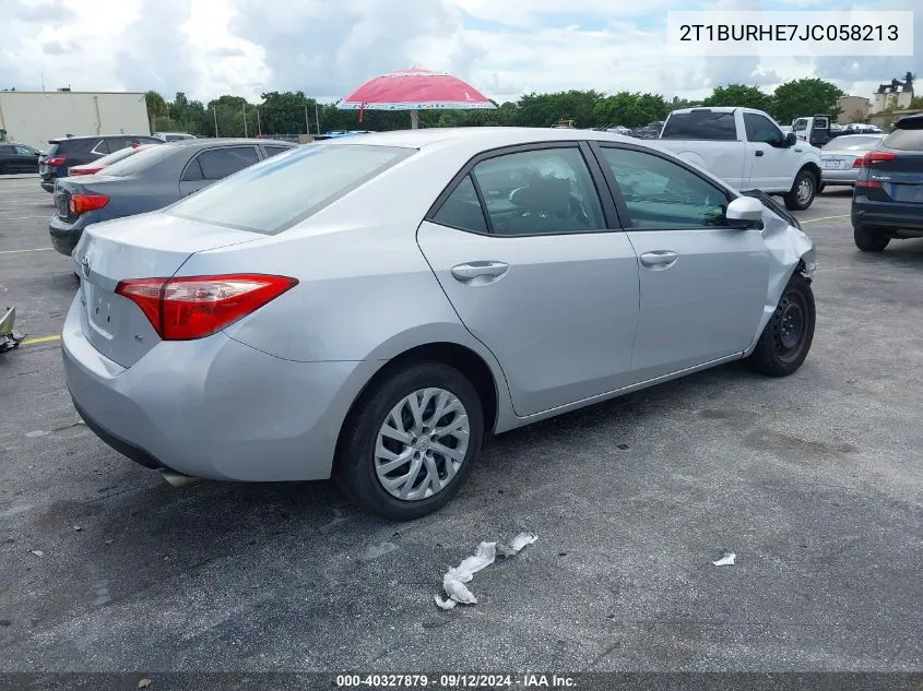 2018 Toyota Corolla Le VIN: 2T1BURHE7JC058213 Lot: 40327879