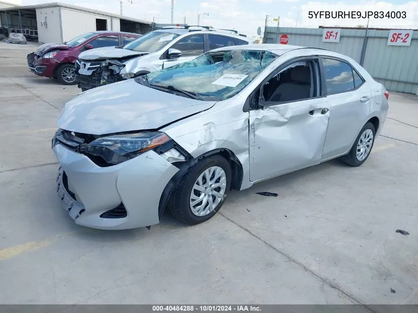 2018 Toyota Corolla Le VIN: 5YFBURHE9JP834003 Lot: 40484288