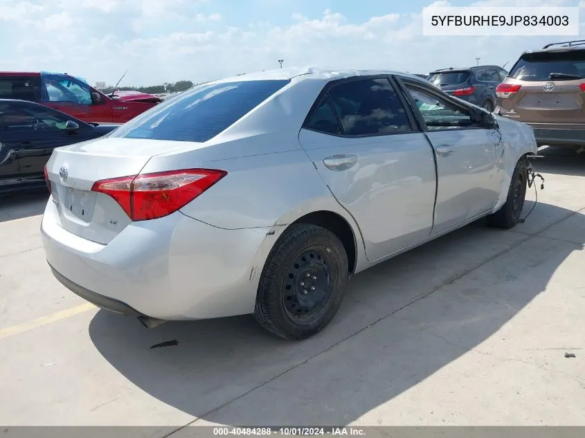 2018 Toyota Corolla Le VIN: 5YFBURHE9JP834003 Lot: 40484288