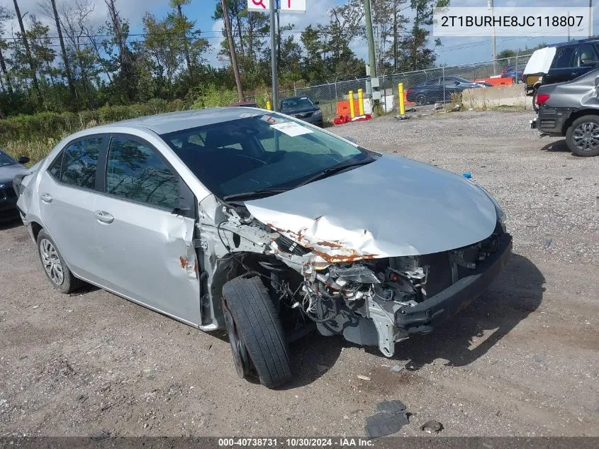 2018 Toyota Corolla Le VIN: 2T1BURHE8JC118807 Lot: 40738731