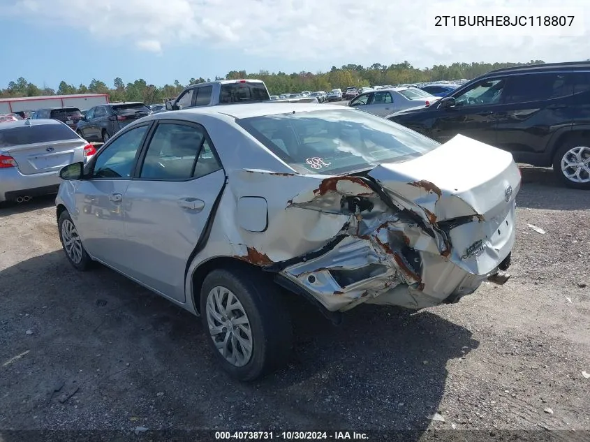 2018 Toyota Corolla Le VIN: 2T1BURHE8JC118807 Lot: 40738731