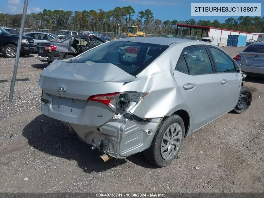 2018 Toyota Corolla Le VIN: 2T1BURHE8JC118807 Lot: 40738731