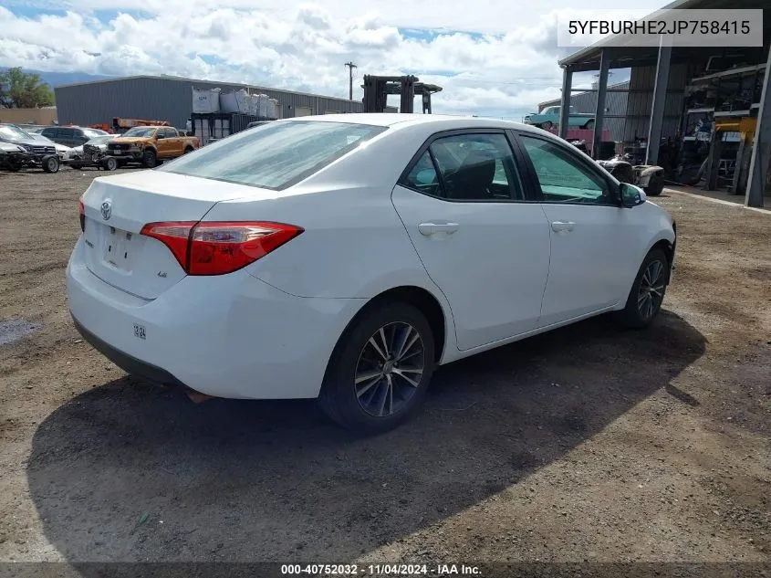 2018 Toyota Corolla Le VIN: 5YFBURHE2JP758415 Lot: 40752032