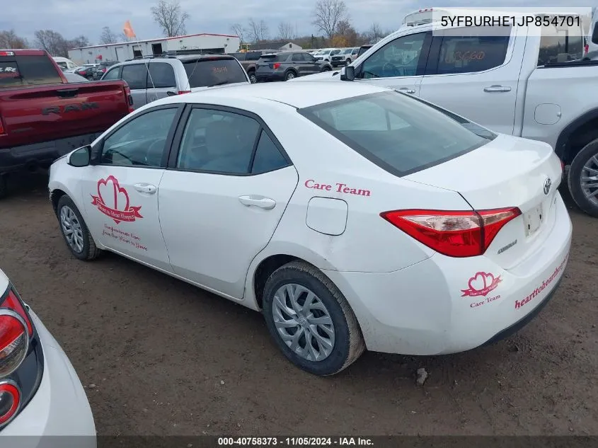 2018 Toyota Corolla Le VIN: 5YFBURHE1JP854701 Lot: 40758373