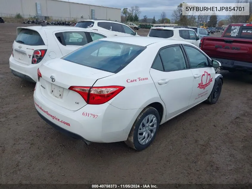 2018 Toyota Corolla Le VIN: 5YFBURHE1JP854701 Lot: 40758373