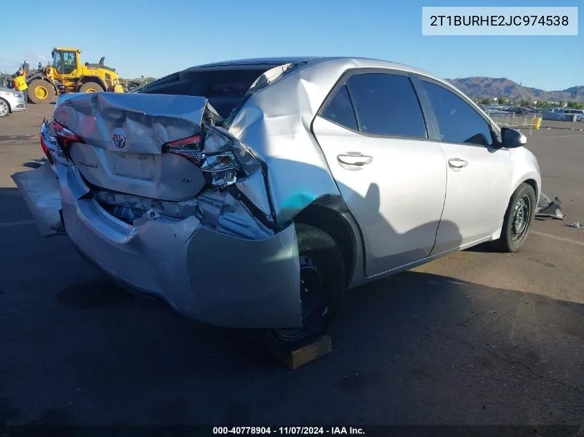 2018 Toyota Corolla Le VIN: 2T1BURHE2JC974538 Lot: 40778904