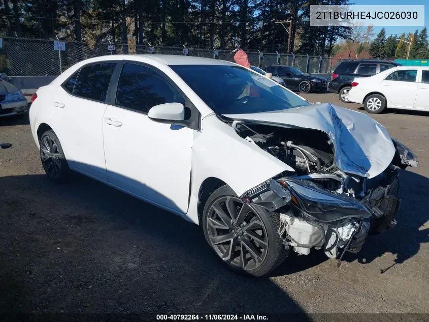 2018 Toyota Corolla Le VIN: 2T1BURHE4JC026030 Lot: 40792264