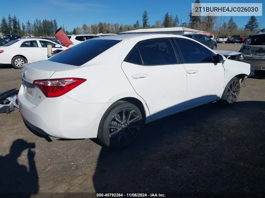 2018 Toyota Corolla Le VIN: 2T1BURHE4JC026030 Lot: 40792264