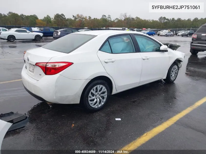 2018 Toyota Corolla Le VIN: 5YFBURHE2JP751061 Lot: 40834689