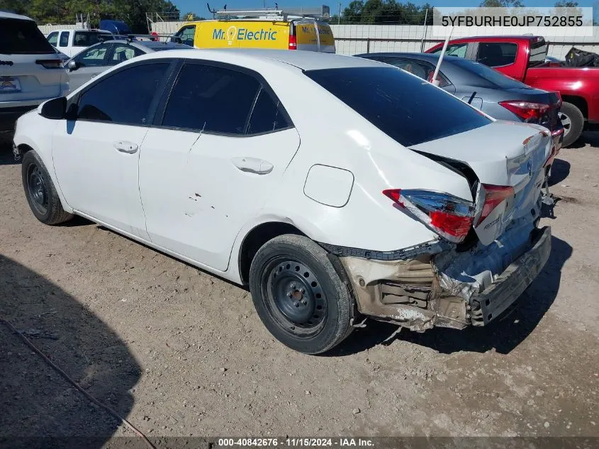 2018 Toyota Corolla Le VIN: 5YFBURHE0JP752855 Lot: 40842676