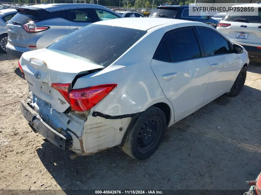 2018 Toyota Corolla Le VIN: 5YFBURHE0JP752855 Lot: 40842676