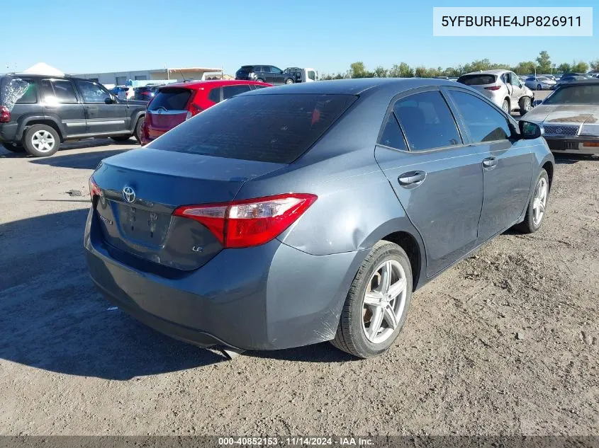 2018 Toyota Corolla Le VIN: 5YFBURHE4JP826911 Lot: 40852153