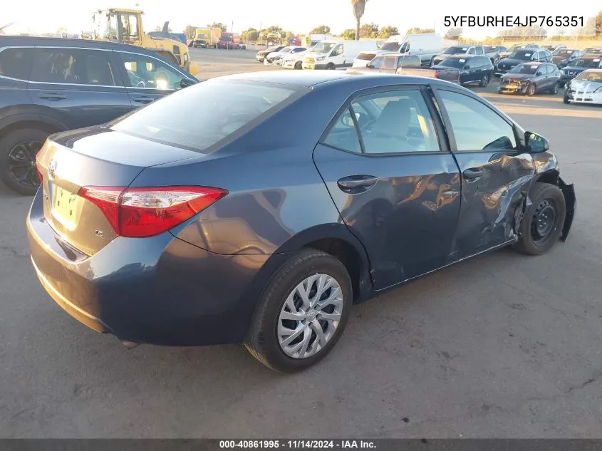 2018 Toyota Corolla Le VIN: 5YFBURHE4JP765351 Lot: 40861995